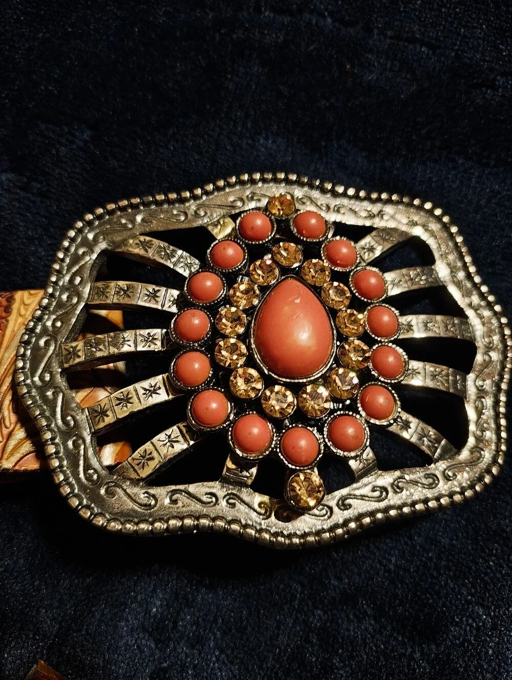 Vintage 90s Streets Ahead Leather Belt Large Western Tooled Coral Rhinestone